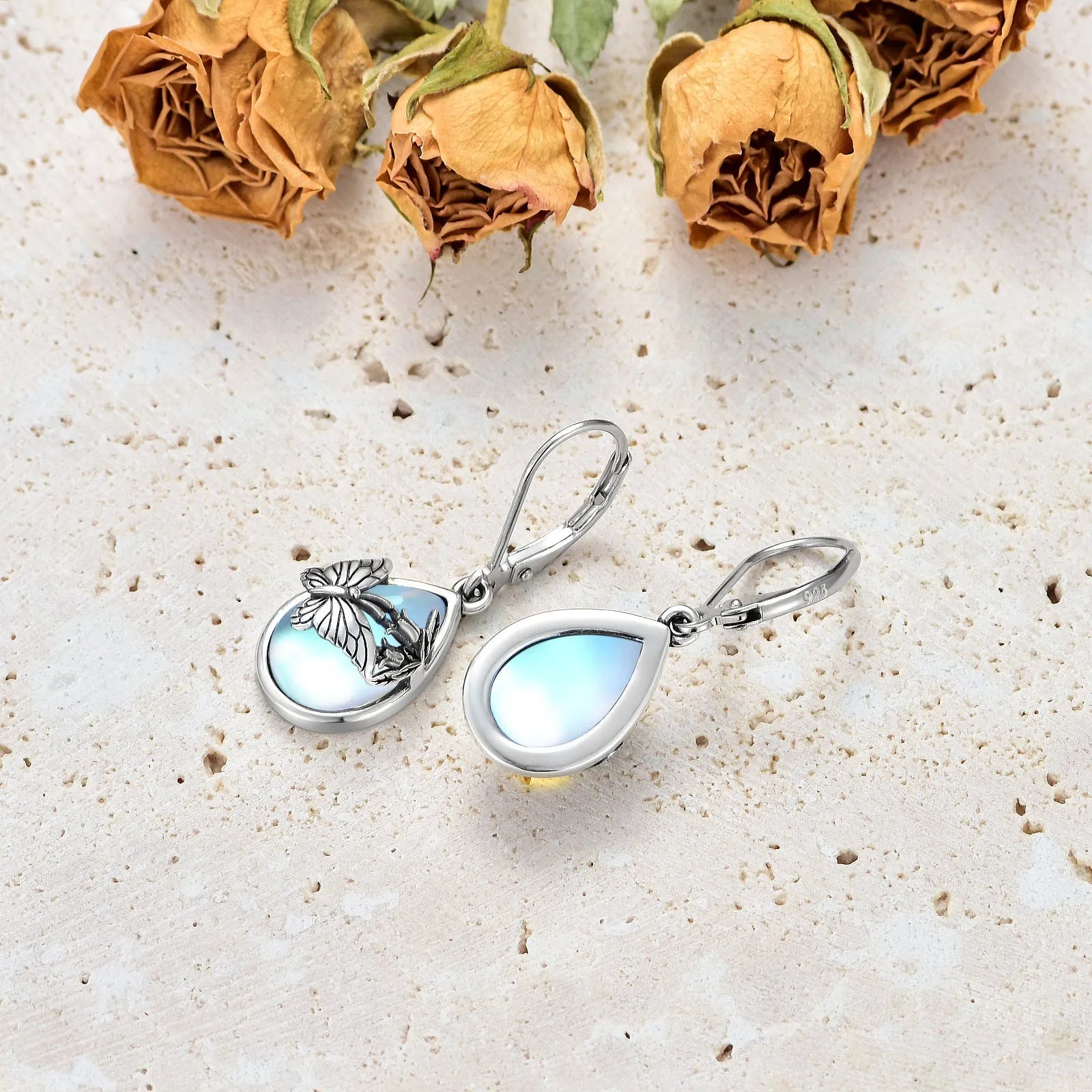 925 sterling silver butterfly leverback earrings with moonstone gemstone, silver colour, for women