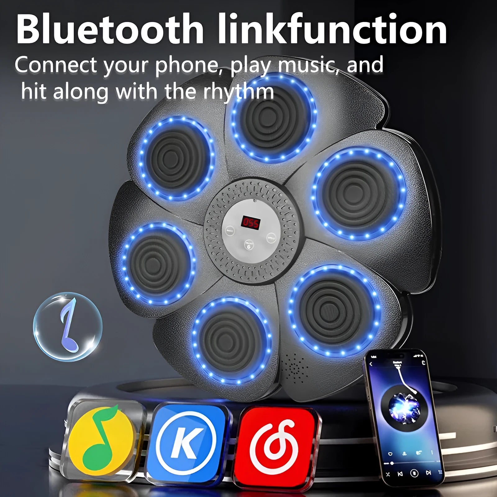 Black smart boxing wall target with Bluetooth and LED lights, includes half-finger boxing gloves