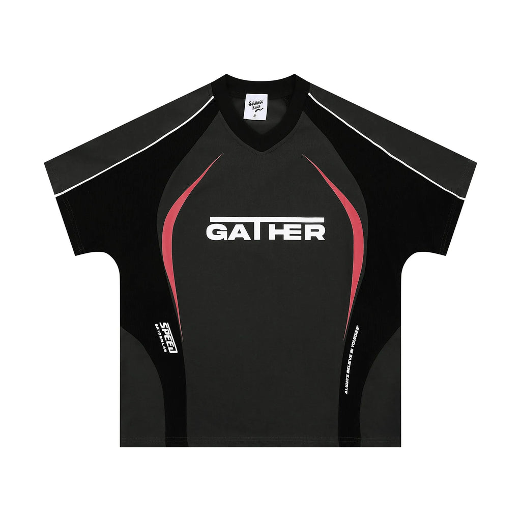 Men's loose black t-shirt with a large printed white letters graphic on the front.