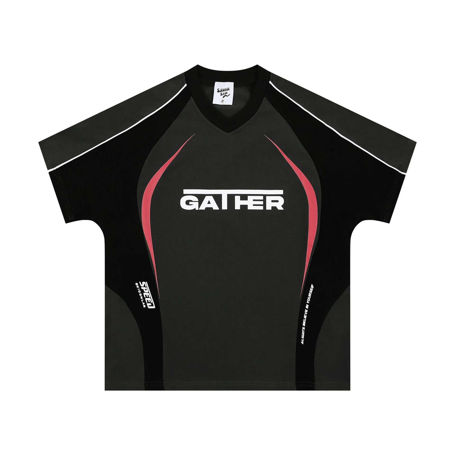 Men's loose black t-shirt with a large printed white letters graphic on the front.