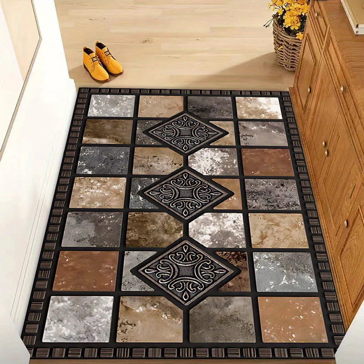 Black and white plaid crystal velvet floor mat, cobblestone colour, on a tiled floor with non-slip backing