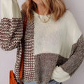 Dark khaki colour block women's sweater with drop shoulders and a back tie detail.
