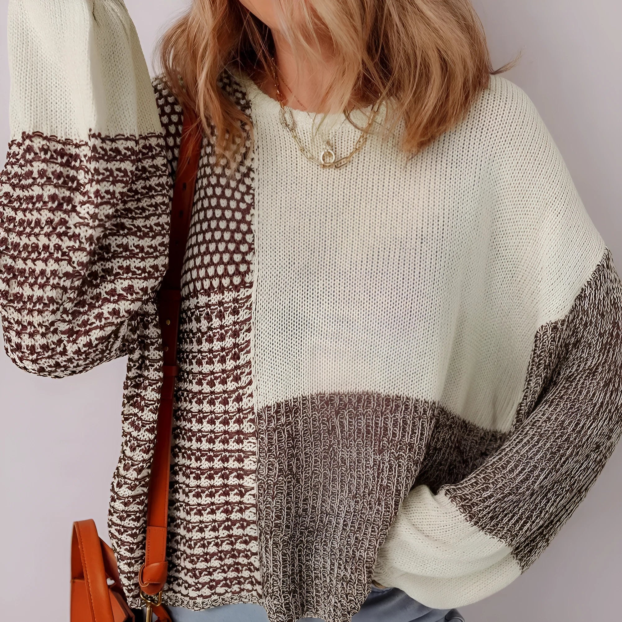 Dark khaki colour block women's sweater with drop shoulders and a back tie detail.