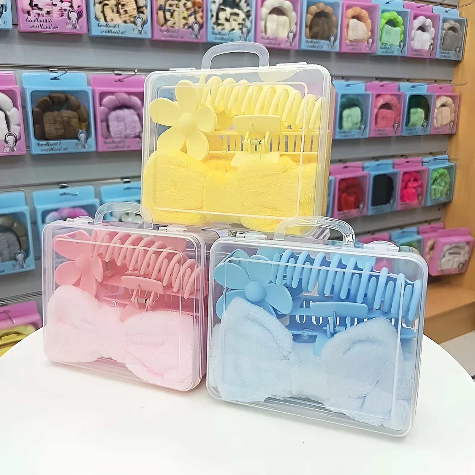 16-piece bow washing face hair band set in assorted colours with plaid pattern on OPP packaging