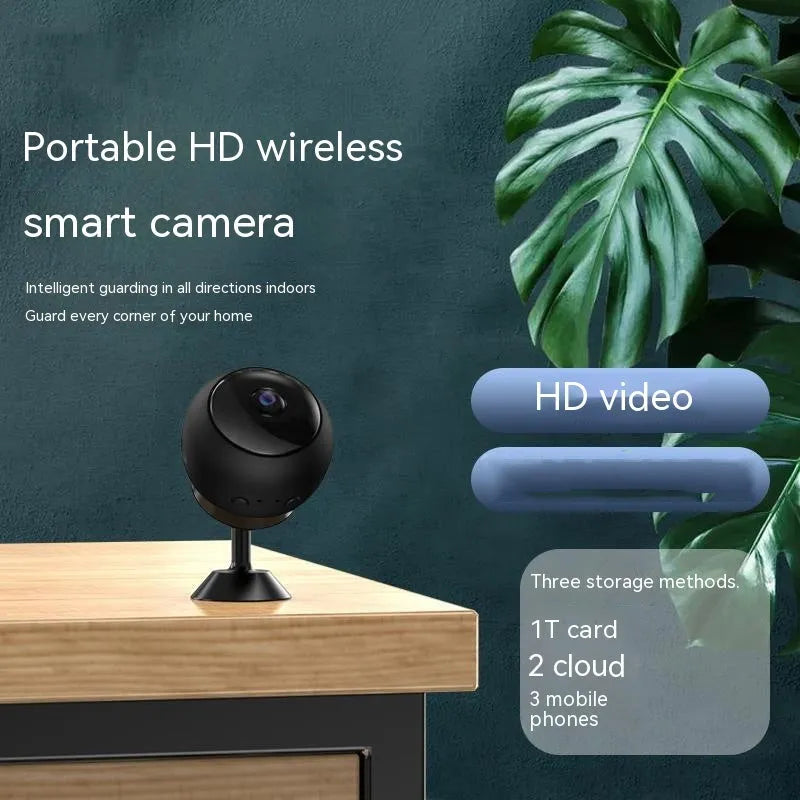 White indoor 1080p Wi-Fi security camera with USB cable on a table.