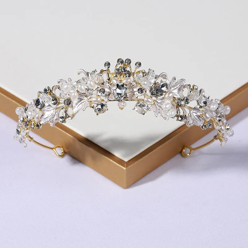 Alloy pearl crown headdress with electroplated gold finish and European styling