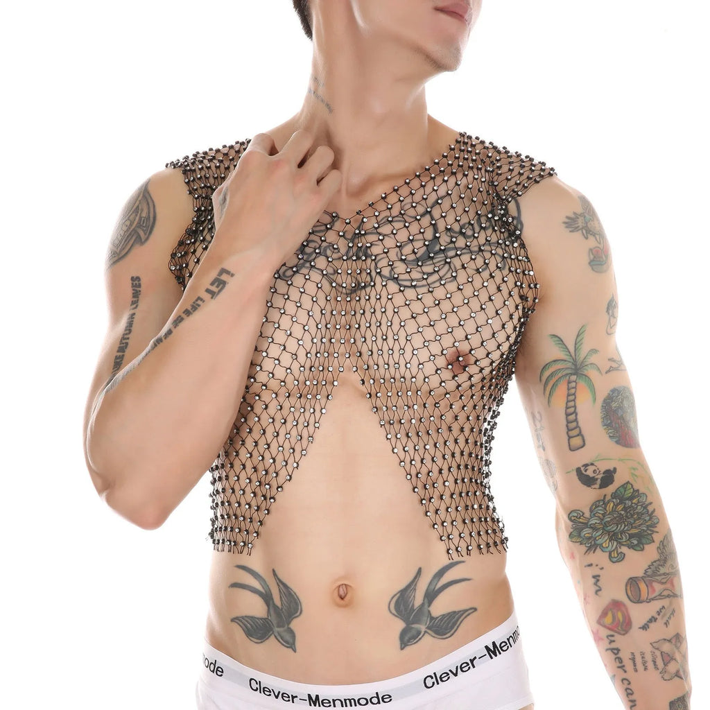 Men's big rhinestone split V-neck fishnet sleeveless top in nylon black and white