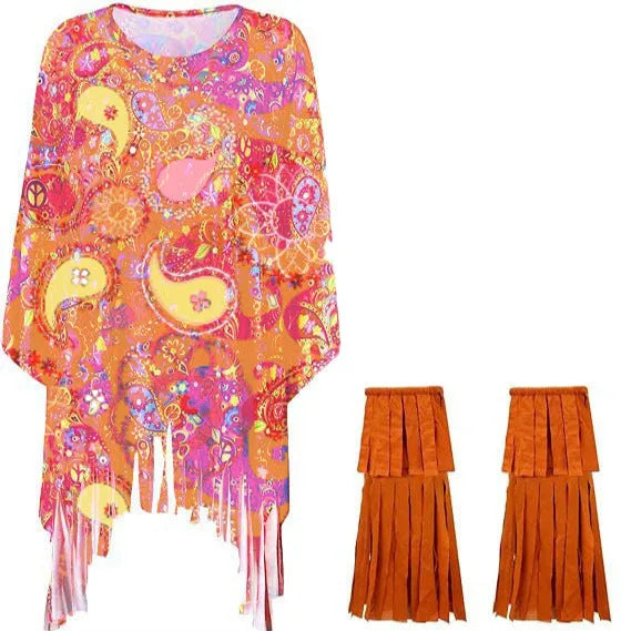 Tie dye cloak costume with bell sleeves in colourful pattern, free size spandex Halloween party clothing