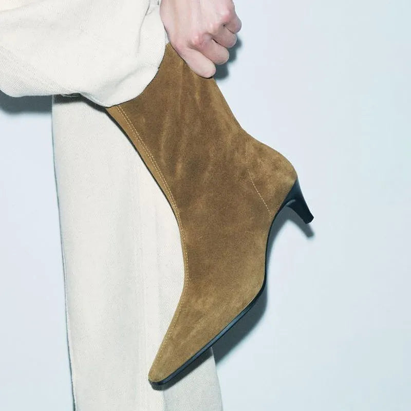 Women's square toe kitten heel booties with side zip closure in black or brown with waterproof platform sole