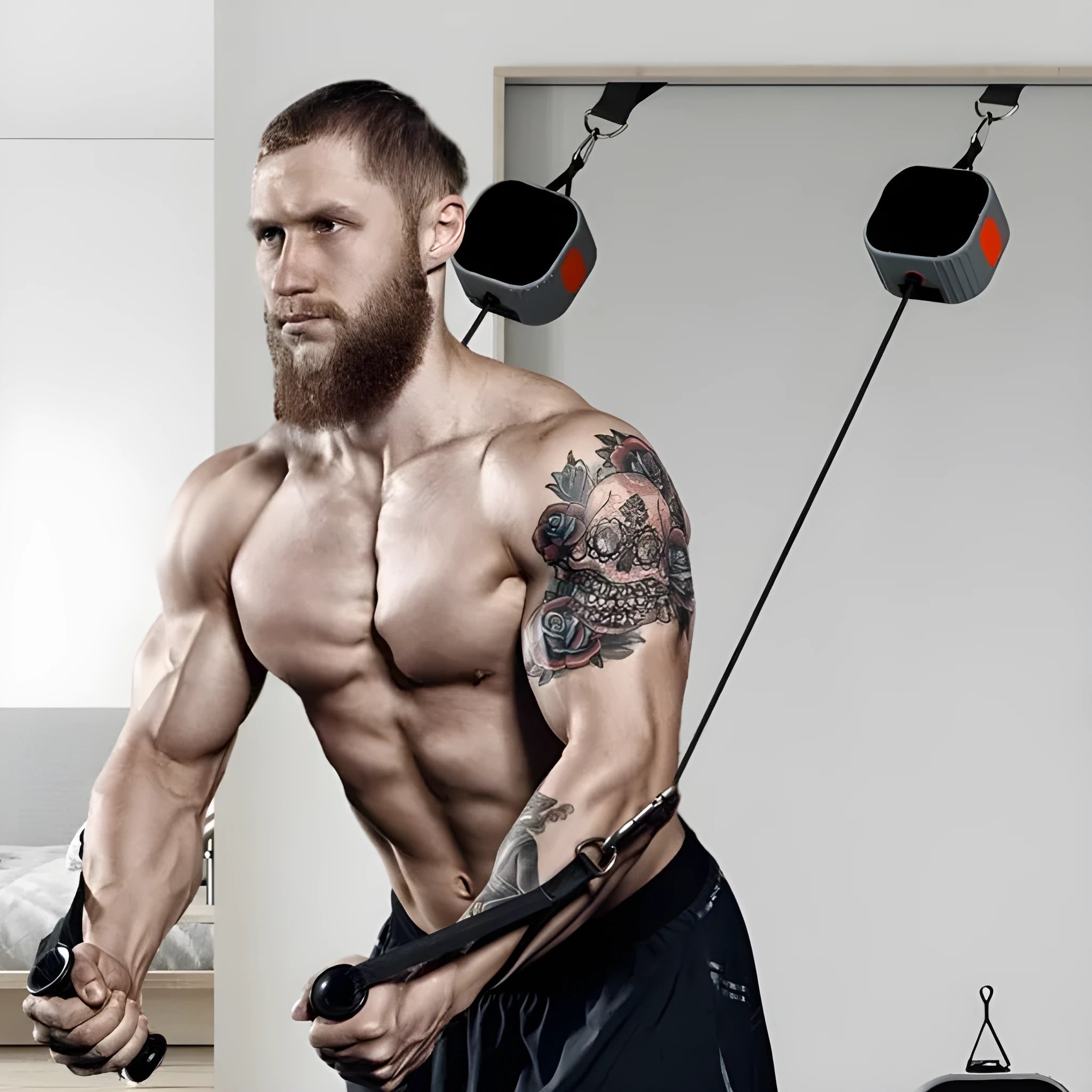 Multi functional fitness tensioner with intelligent resistance adjustment showing blue grey and orange grey colour options