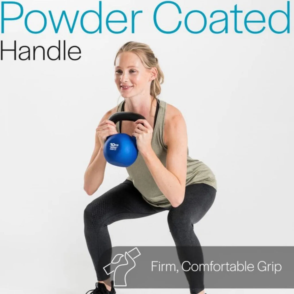 Blue cast iron dumbbell shaped like a teapot, showing the integrated handle and solid construction.
