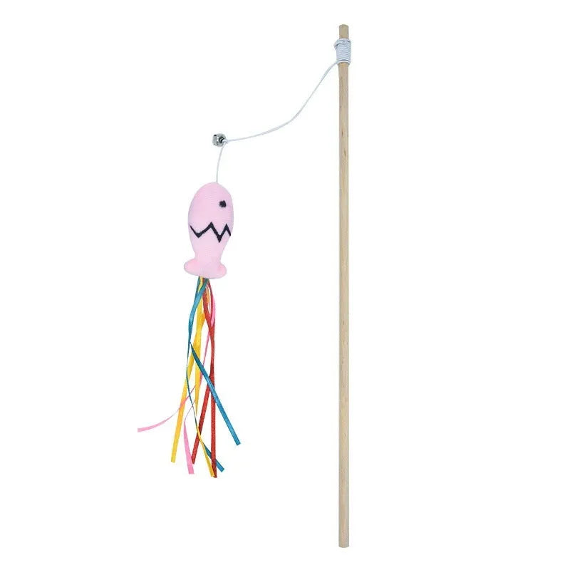Colourful cat wand toy with ribbons, catnip fish, and bell on wooden handle