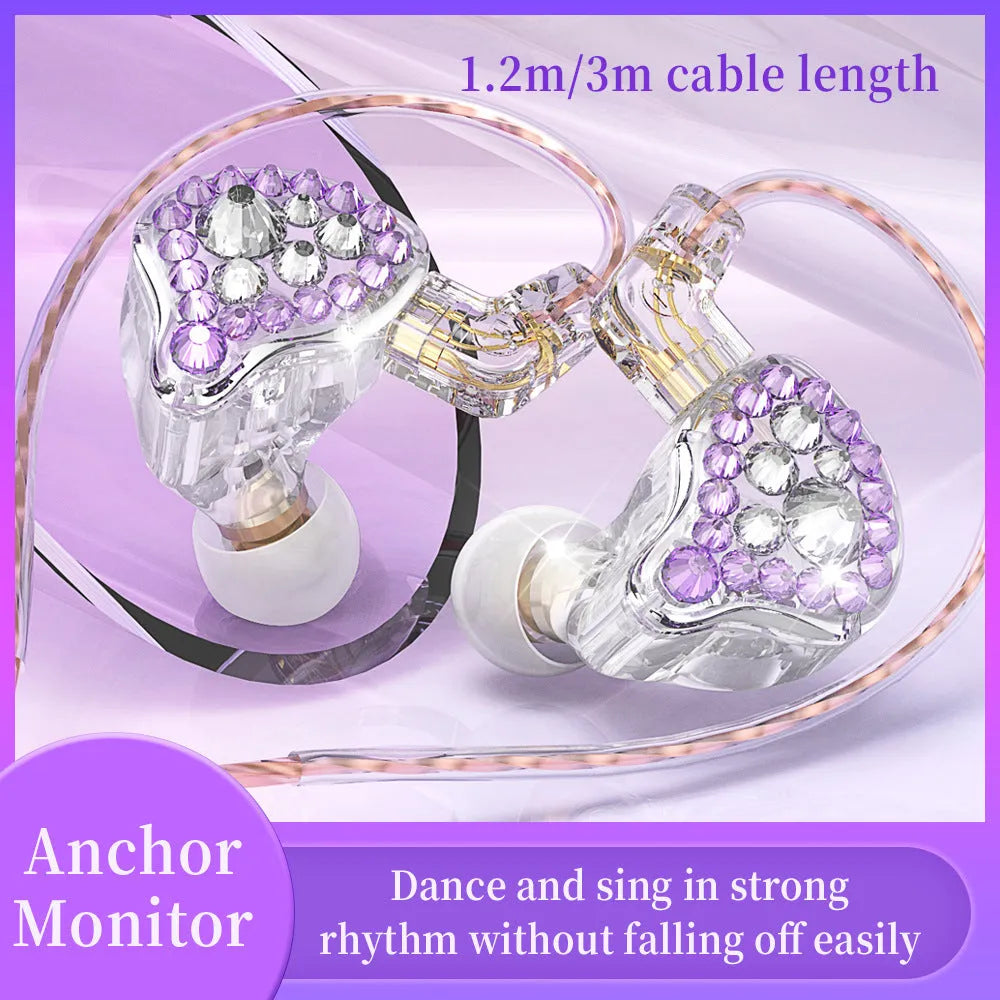 Girls' diamond-embedded HiFi ear loop 3.5mm wired earphones in pink with rear-wound cable and microphone