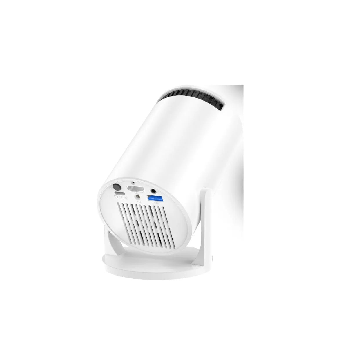 White mini wireless HD portable projector showing front projection lens and wireless connectivity capability