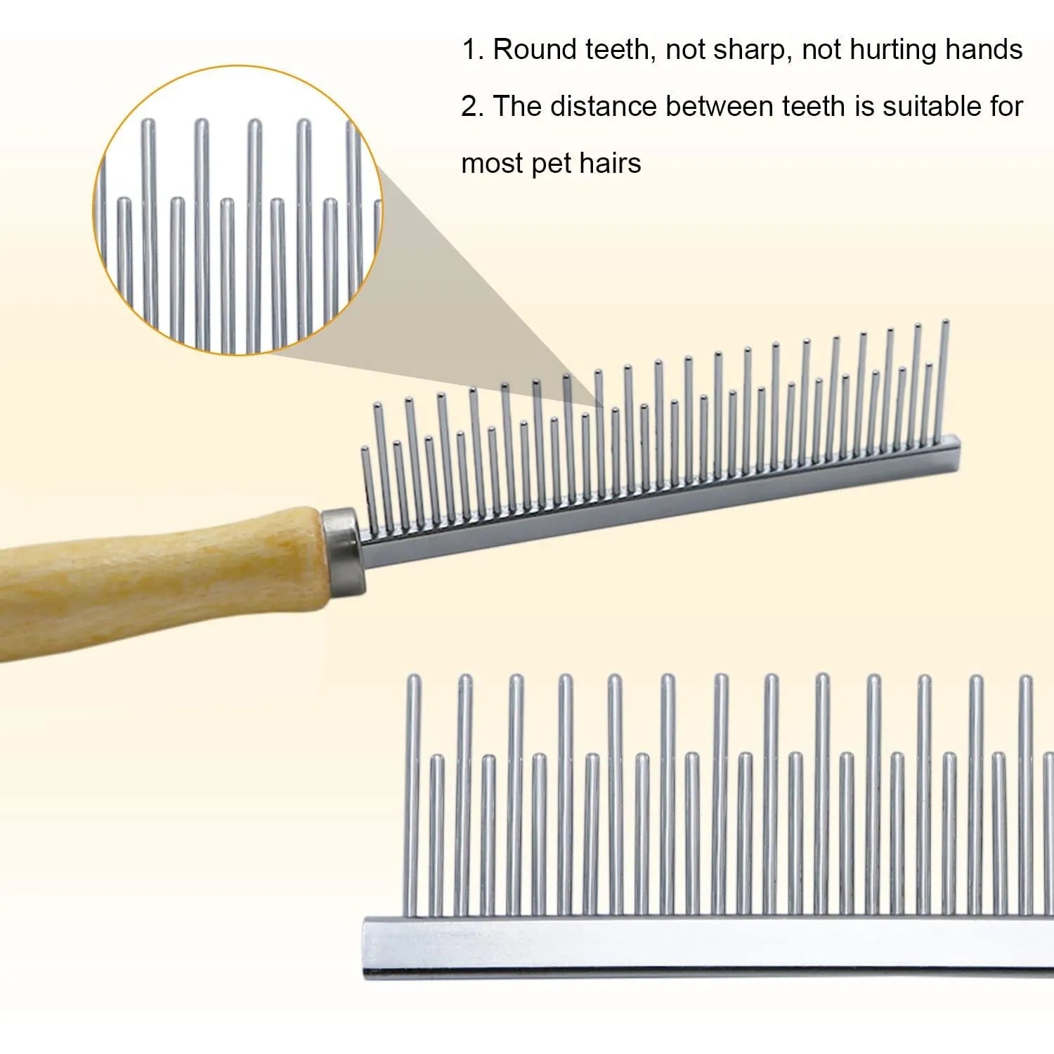 Wooden handle pet grooming comb with rounded teeth for dogs and cats