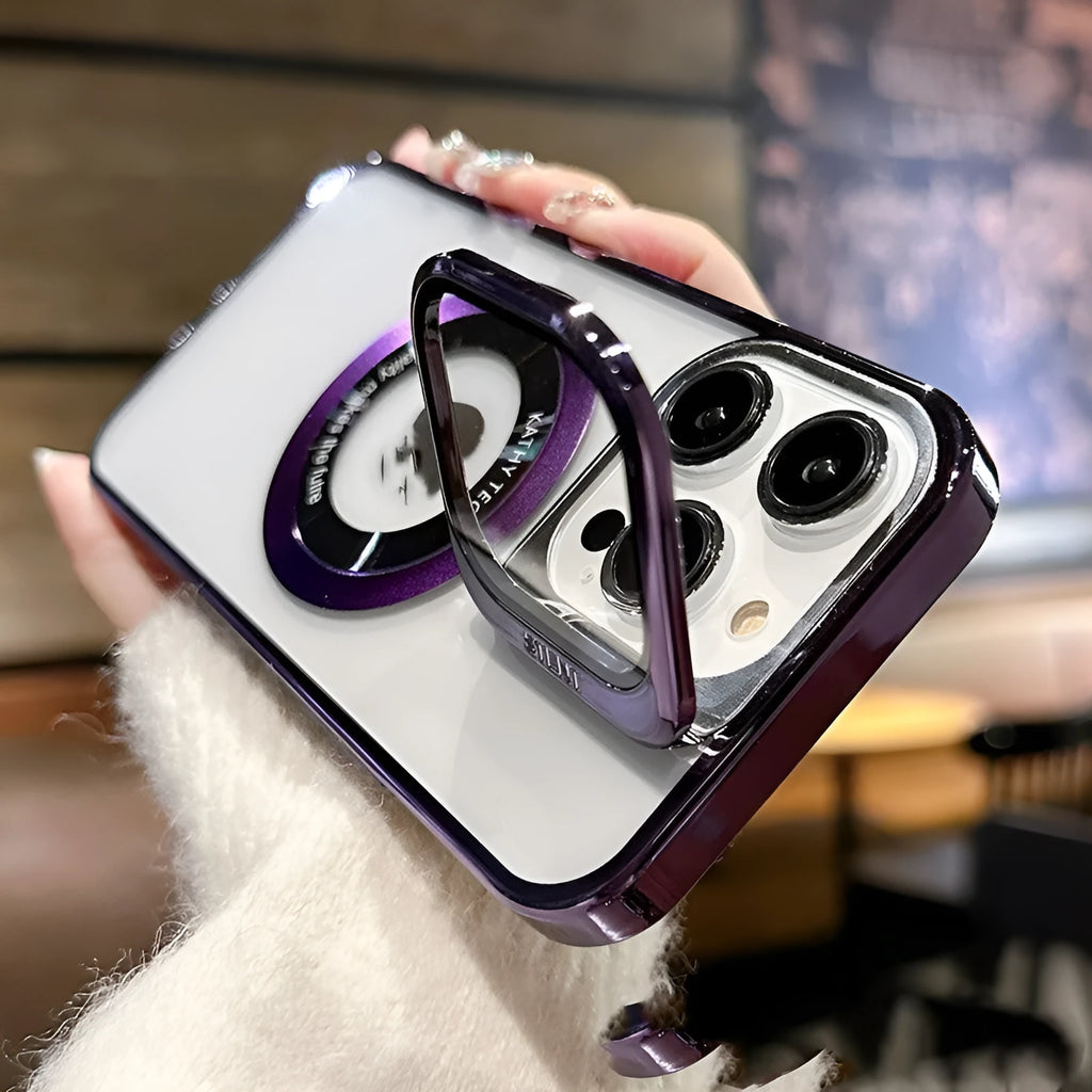 Magnetic iPhone case with exposed Apple logo in dark purple colour showing MagSafe compatibility
