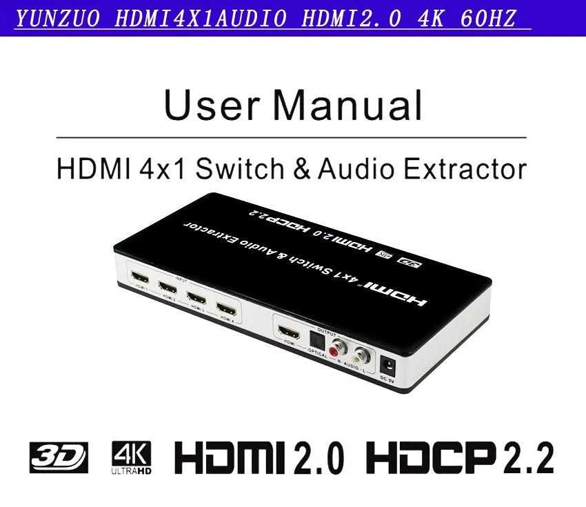 Black HDMI switch with four inputs one output, remote control and 10 metre cable for multi-source connectivity