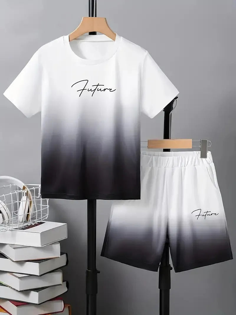 Boys' short sleeve cotton blend t-shirt and shorts set with animal pattern, available in multiple colours