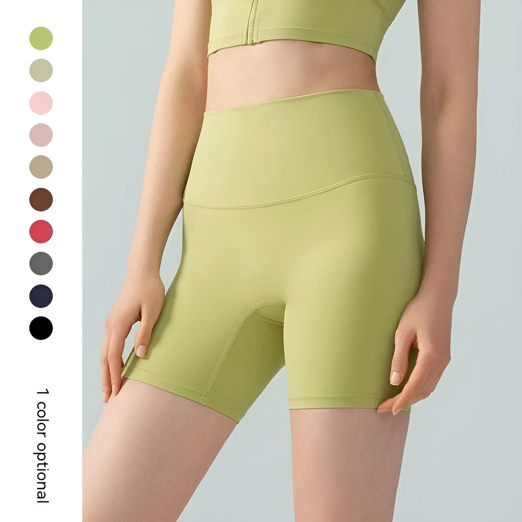 Women's high-waisted Lycra yoga shorts in leaf green with four-point cycling construction