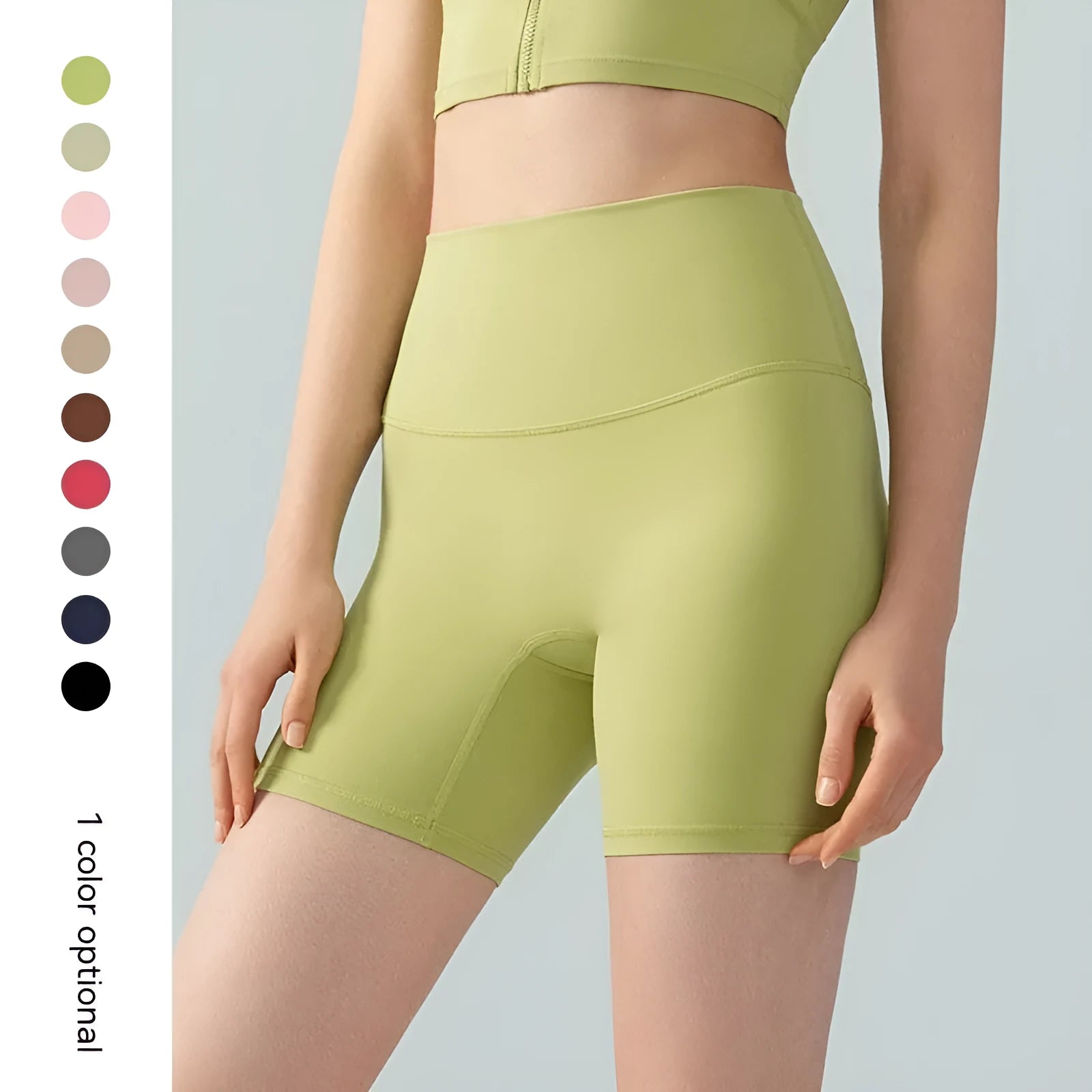 Women's high-waisted Lycra yoga shorts in leaf green with four-point cycling construction