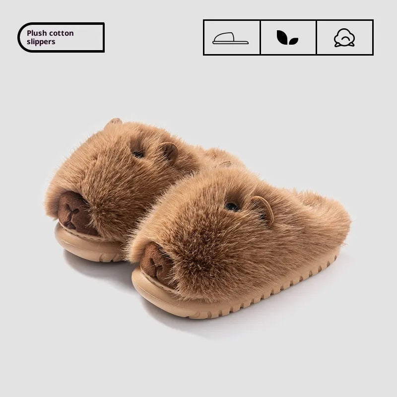Women's cartoon plush slippers in dark brown with shearling lining and anti-slip EVA sole