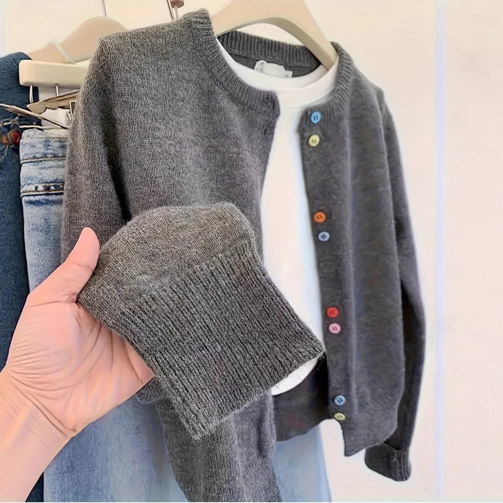 Women's dark grey polyester cardigan sweater with button front and long sleeves