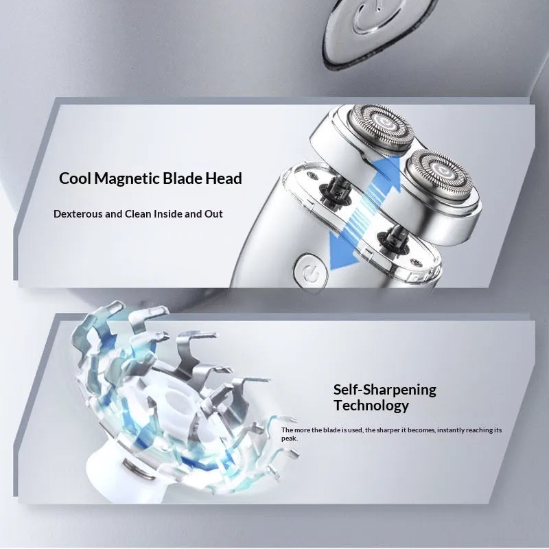 Portable floating double head electric shaver mini in silver with rechargeable base