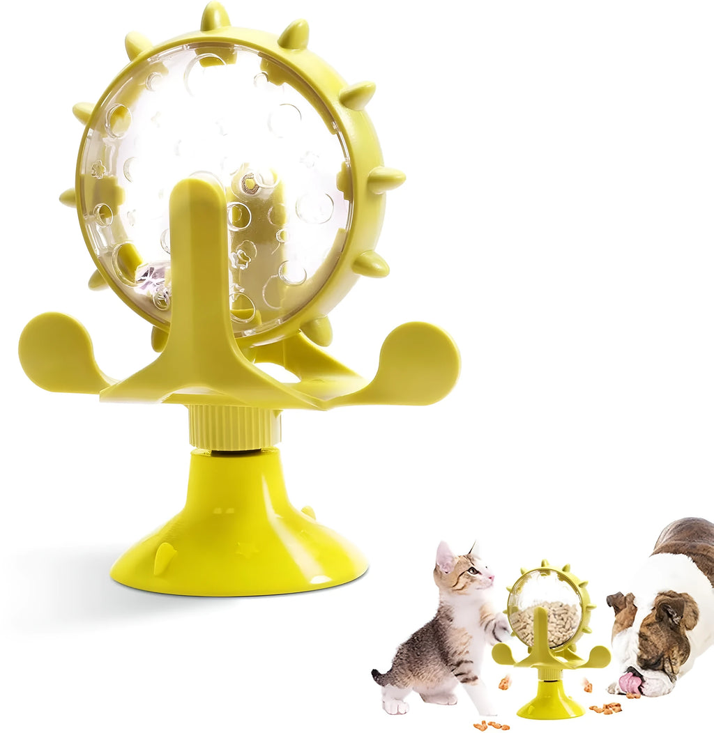 Interactive cat and dog puzzle feeder toy with bell spinner in blue green red yellow colours
