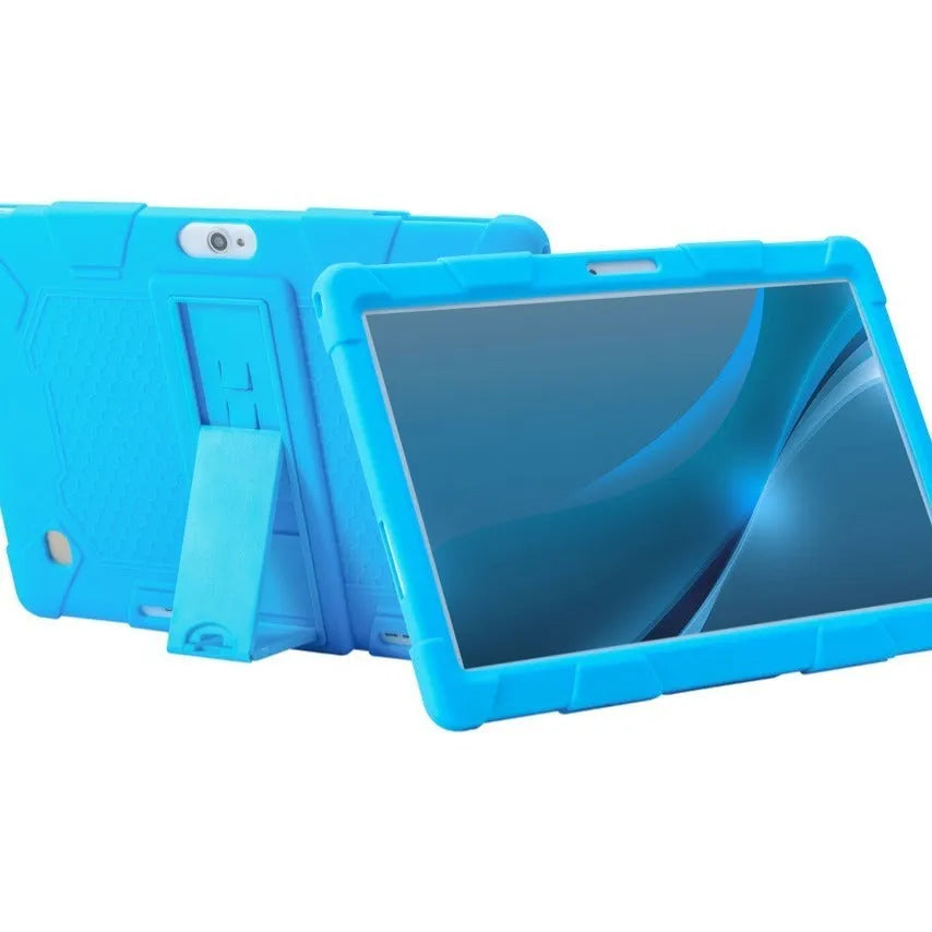 Pink silicone protective case with stand for a 10.1-inch tablet on a table