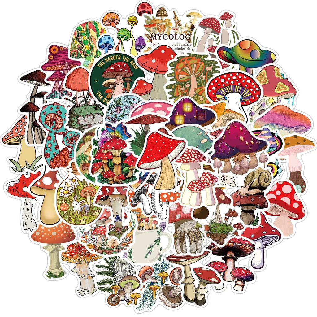 50 cartoon PVC waterproof stickers in assorted graffiti styles including astronaut, drink, and animal designs on a white background