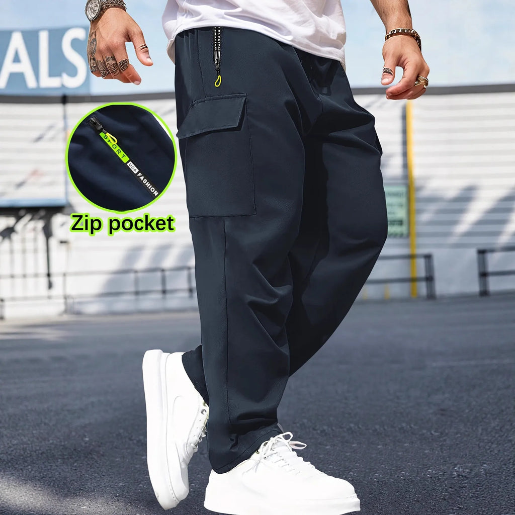 Men's retro cargo pants straight leg drawstring wrinkle-free polyester black gray dark blue military green autumn