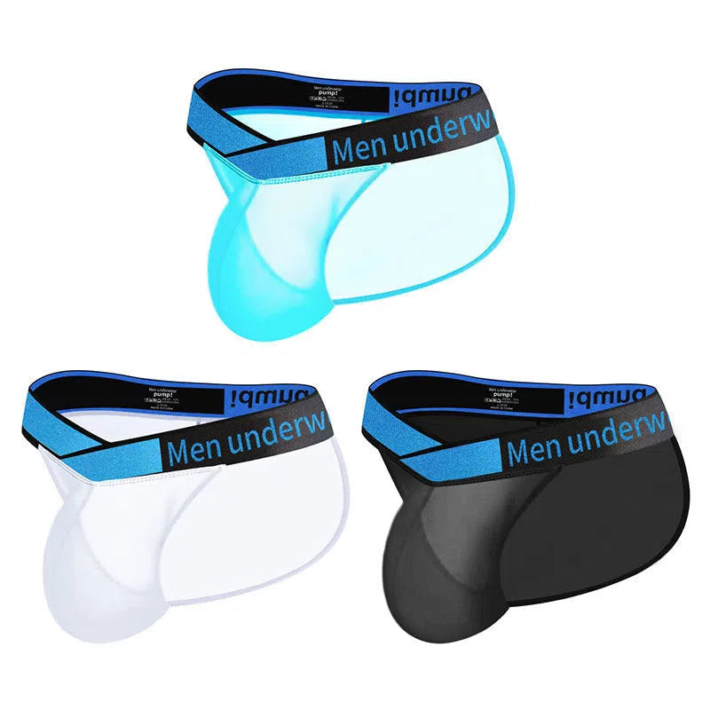 Laser cut V-waist men's nylon ice silk transparent briefs in black, blue, and white