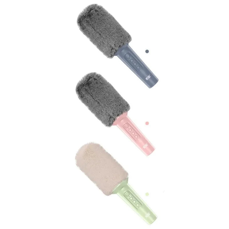 Wireless Bluetooth karaoke microphone in pink, blue, or green with USB port.