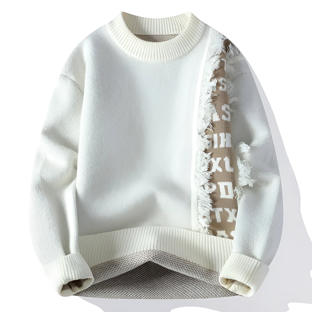 Men's loose fit grey knitted pullover with long sleeves and a ribbed hemline.