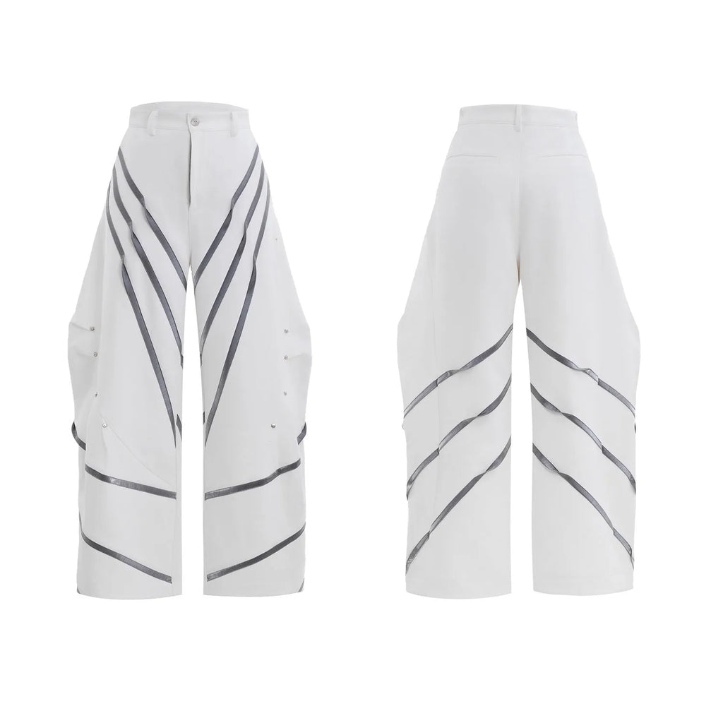 Men's polyester trousers with metal striped rivets and pleated design using three-dimensional cutting techniques