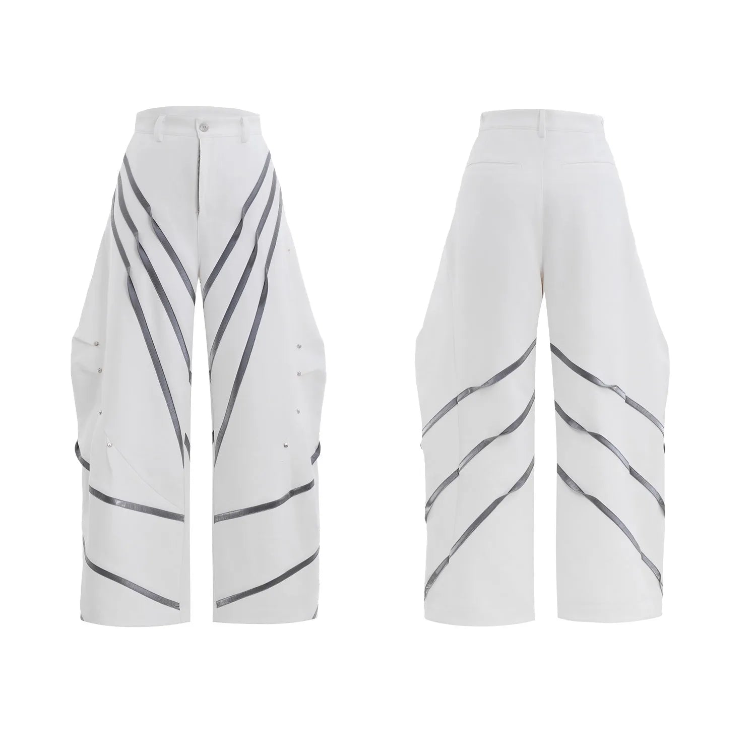 Men's polyester trousers with metal striped rivets and pleated design using three-dimensional cutting techniques