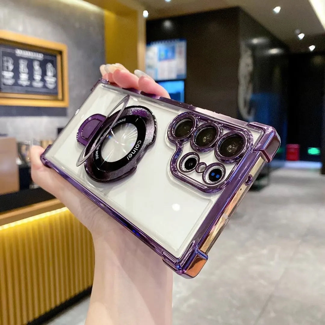 Electroplating transparent magnetic bracket phone case for Samsung S24 Ultra in Mysterious Black