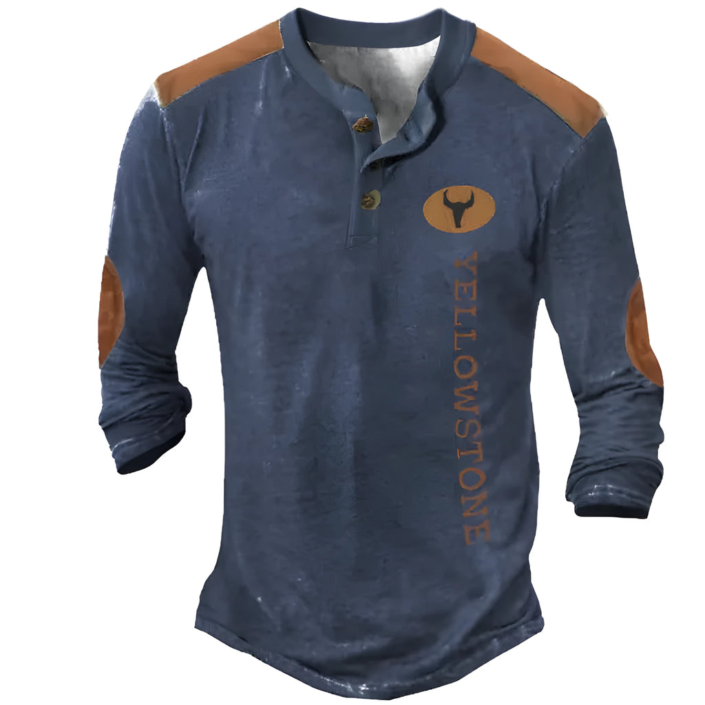 Men's long sleeve Henley shirt in solid colour with printed details, 90% polyester, CT09 series