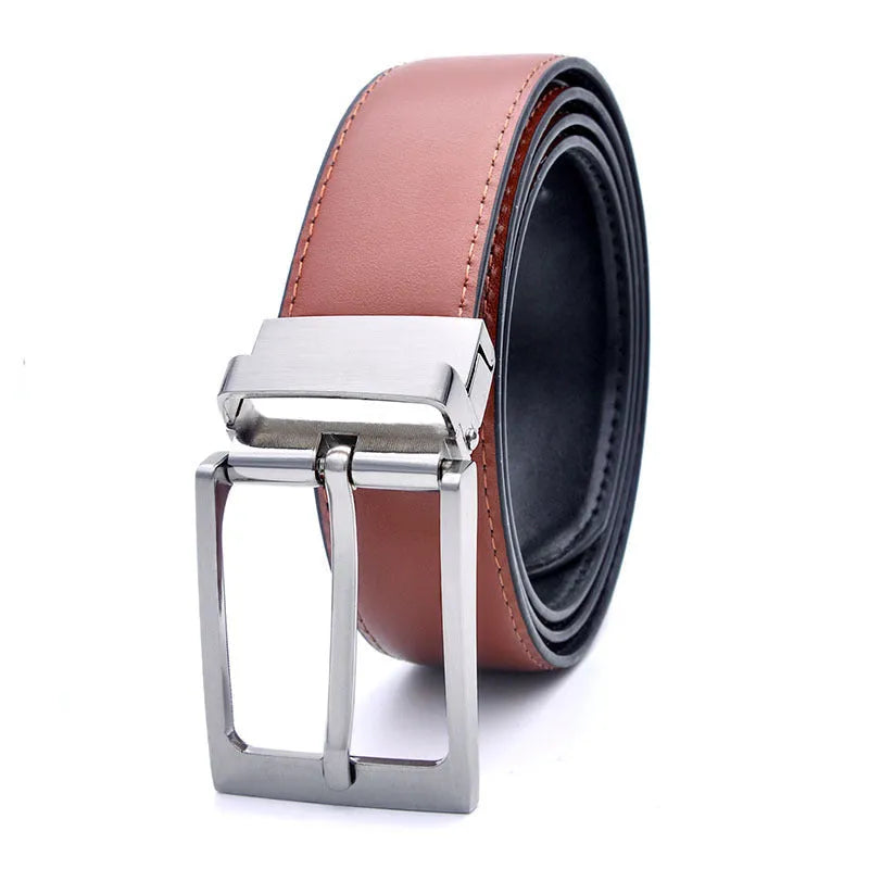 Men's dark brown and black genuine leather belt with rotating metal pin buckle showing length options