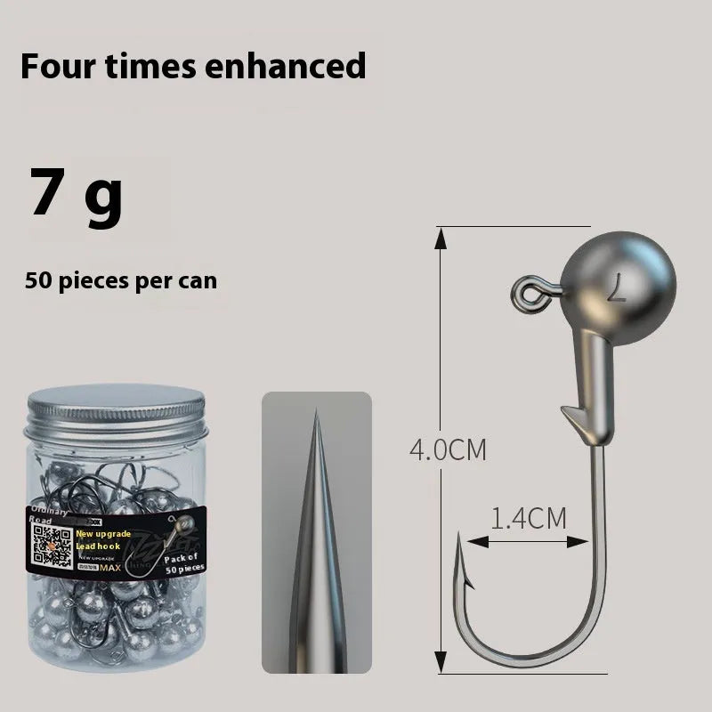 Enhanced 50 piece jig hook fishing tackle set showing steel construction and hook design