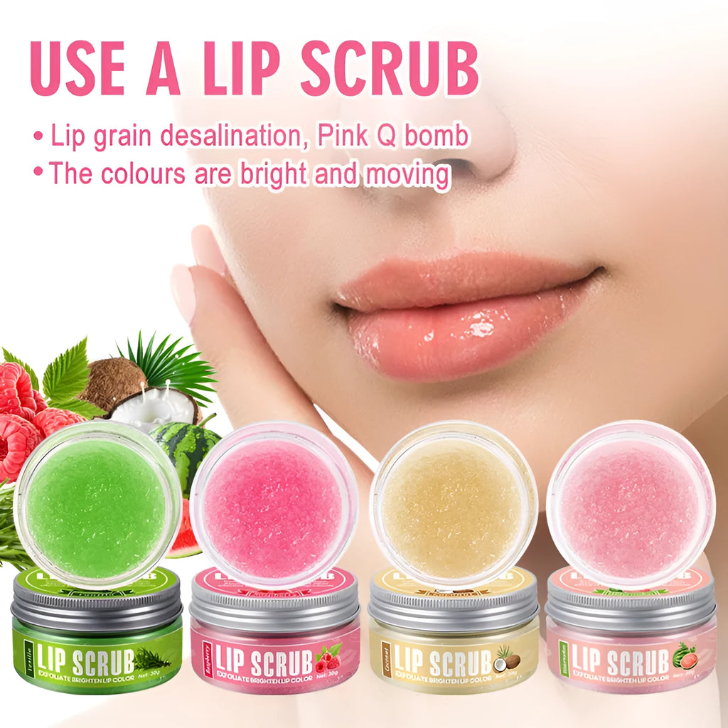 Amatoni Lip Scrub jar in 30g size with Coconut, Raspberry, Vanilla, or Watermelon flavour options.