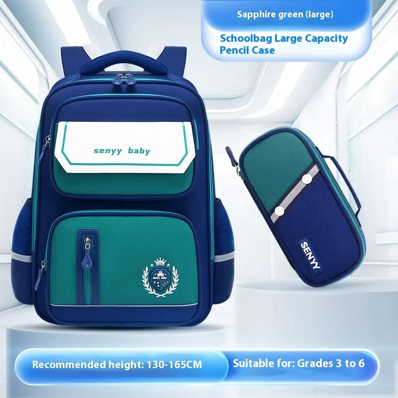 Children's spine protector backpack in blue, made of water-repellent Oxford cloth, size 38x30x15cm