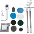 White handheld rechargeable cleaning ball with brush and international power adapters.
