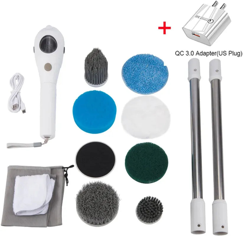 White handheld rechargeable cleaning ball with brush and international power adapters.