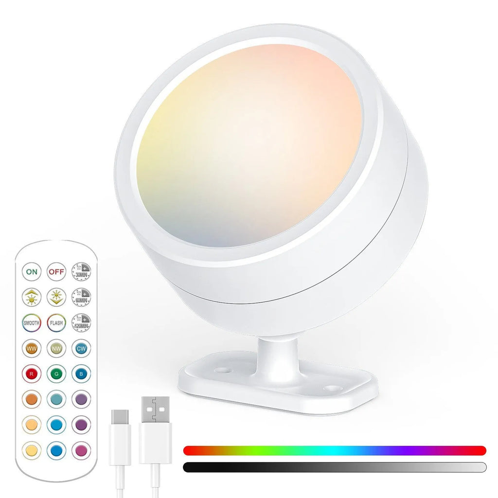 Round rotatable bedside wall lamp with geometric stereo design in white shell against wall showing magnetic mount