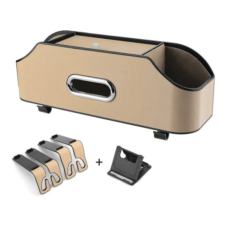 Genuine leather car tissue box and cup holder organiser in beige colour
