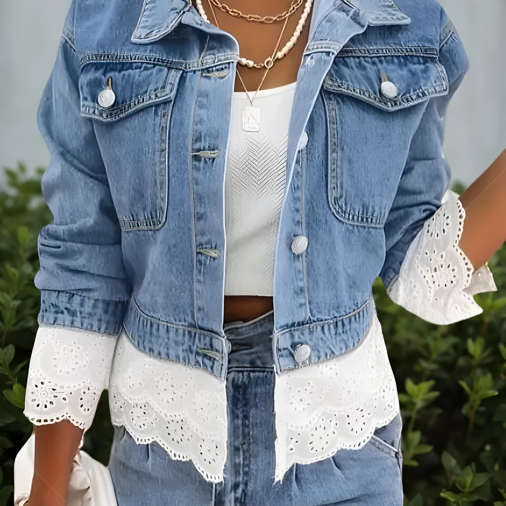 Blue women's denim jacket with lace stitching trim on long sleeves