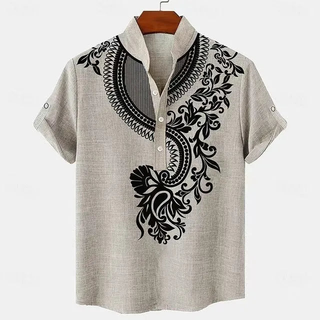Men's loose fit striped casual button-down shirt in a handsome colour option on a hanger.