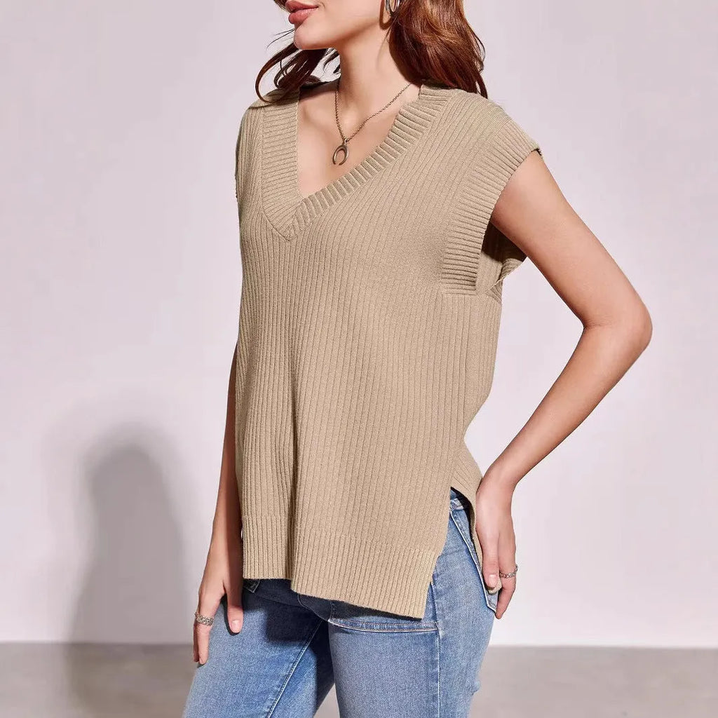 V-neck sleeveless vest in camel colour with stripe pattern, loose casual styling