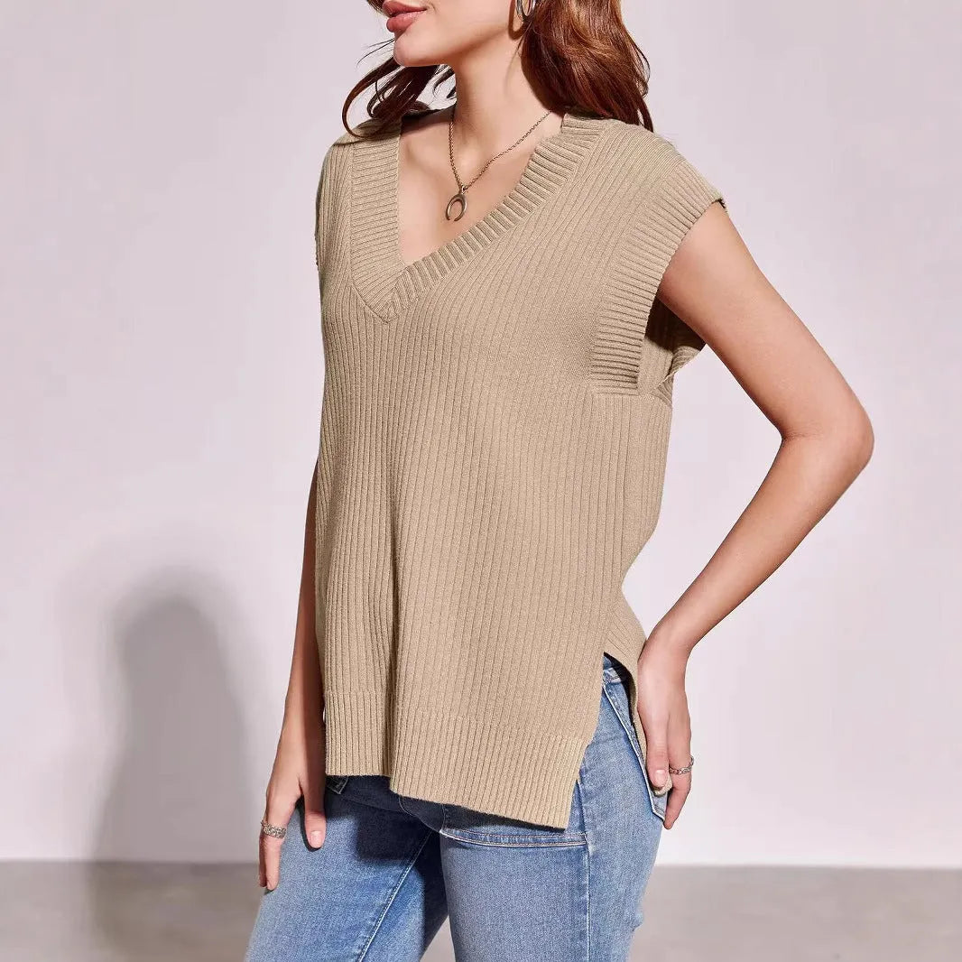 V-neck sleeveless vest in camel colour with stripe pattern, loose casual styling